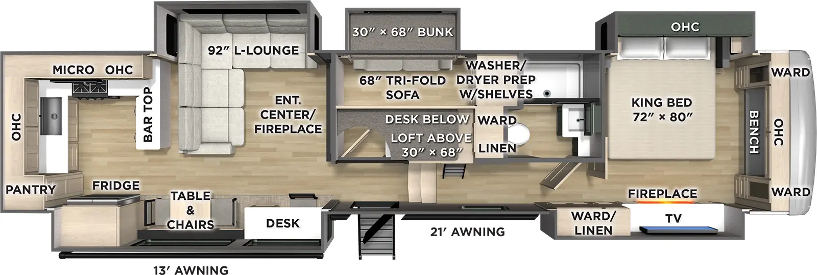 The Puma Mesa 379MBL floorplan has one entry and five slide outs. Exterior features include: fiberglass exterior and 13' & 21' awning. Interiors features include: bunk beds, loft, rear kitchen and front bedroom.
